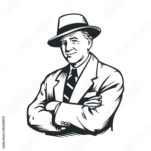 Vintage illustration of elderly caucasian male in suit and hat with crossed arms