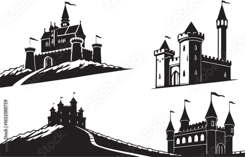 Silhouettes of four fantasy castles on hills medieval