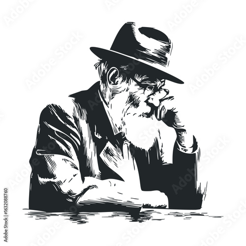 Sketch of elderly caucasian male in hat and glasses contemplating