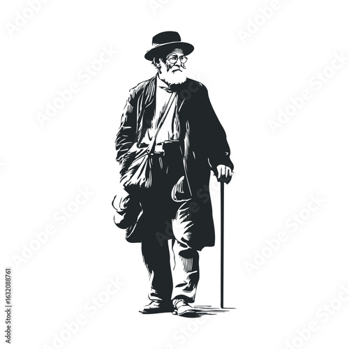 Elderly caucasian male with hat and cane in vintage black and white illustration
