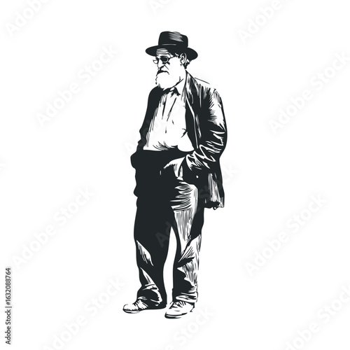 Elderly caucasian male illustration in vintage attire with hat and beard