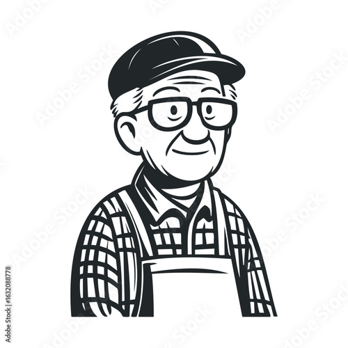 Elderly caucasian male farmer with glasses and hat illustration in black and white