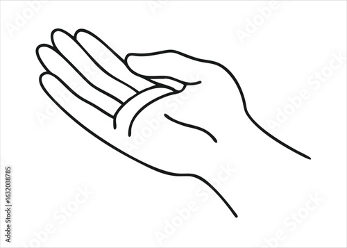 Detailed palm up hand illustration in a classic drawing engraving ink style depicting a human appendage presented isolated on white background
