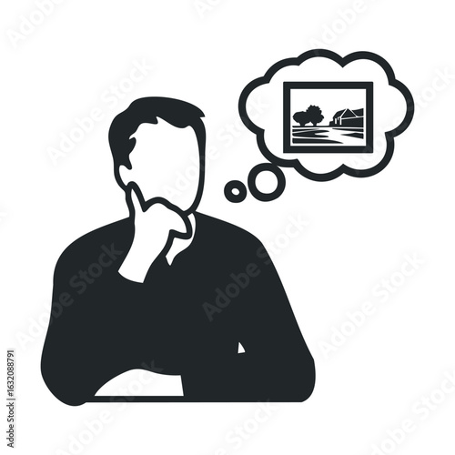Male thinking icon with thought bubble showing landscape image