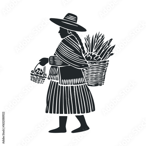 Silhouette of hispanic woman with baskets in traditional attire