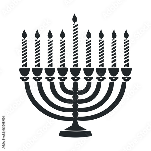 Traditional black and white hanukkah menorah with nine lit candles