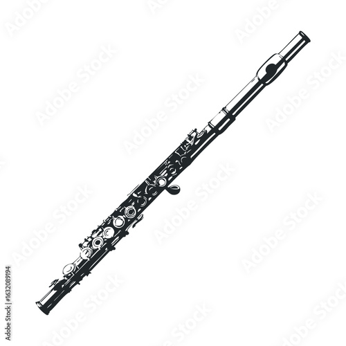 Black and white flute illustration of detailed musical instrument design