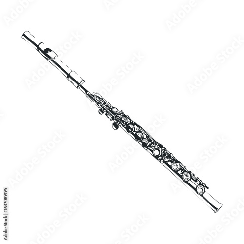Silver concert flute line art illustration isolated on white background