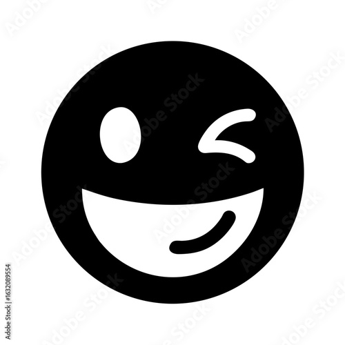 Black smiley face icon with wink and wide smile  