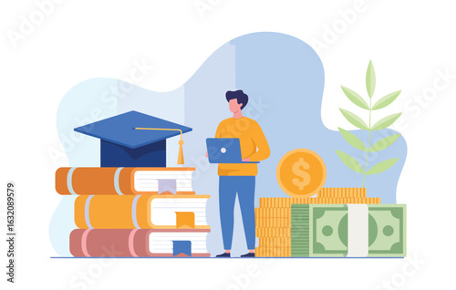 student holding laptop beside graduation cap, books, and money stack symbolizing education funding, financial planning, and success
