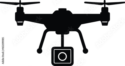 Black silhouette of a drone with a camera isolated on transparent background silhouette