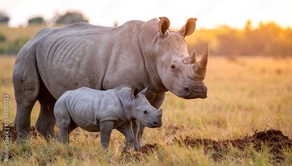 Obraz premium A majestic white rhinoceros and its adorable calf graze peacefully at sunrise
