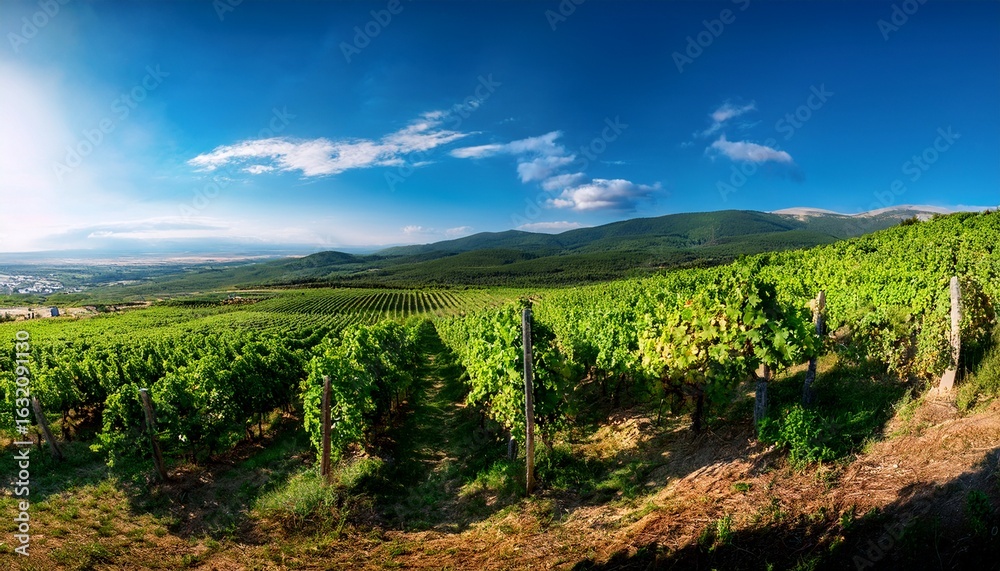 Naklejka premium panoramic view with vines vine field with grapes sweet brand sakar mountain bulgaria eu europe selective focus