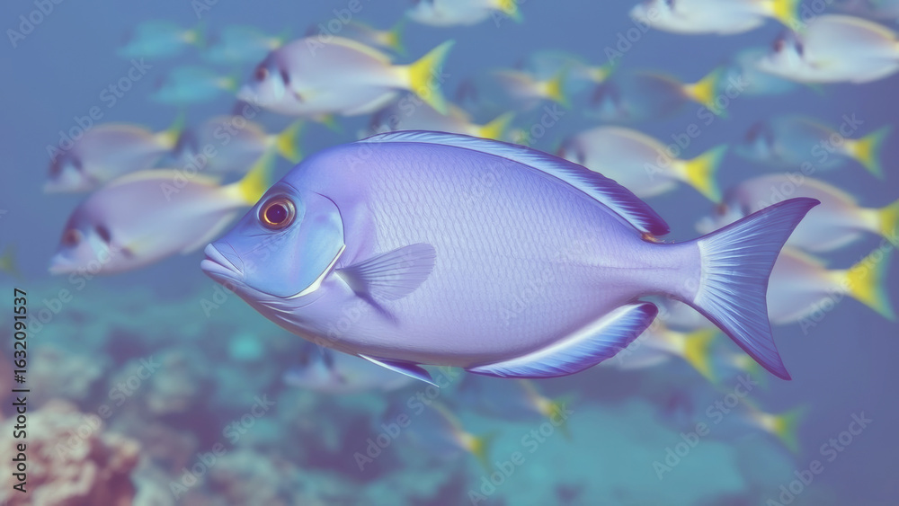 Naklejka premium Purple tang gliding near yellowtail fusiliers, navigating marine landscape with elegant movement through vivid azure underwater environment