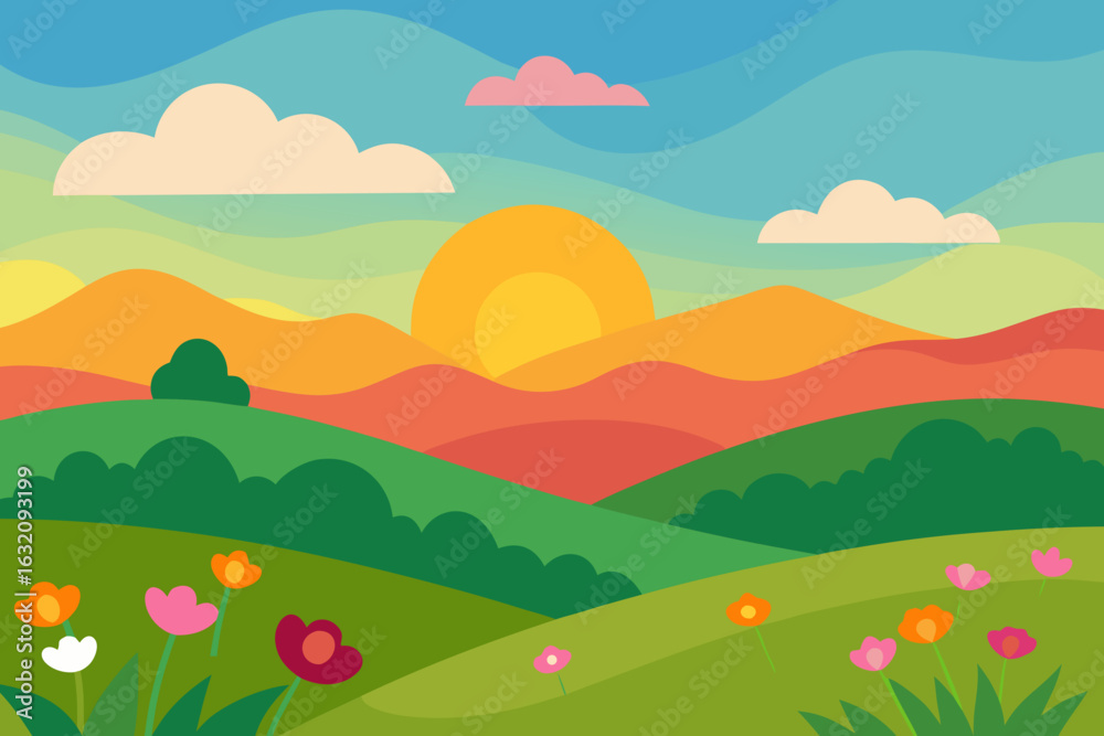 Obraz premium Vibrant flat design landscape with rolling hills and flowers at sunrise
