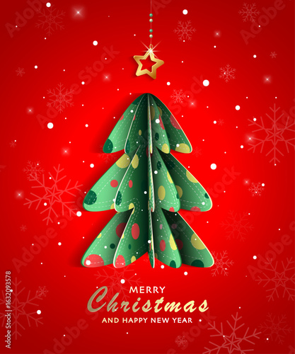Adorable paper-cut style Christmas card featuring a layered Christmas tree, a golden hanging star and falling snowflakes on a red background. Perfect for holiday greetings and decorations.