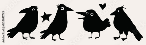 Vector illustration in minimalist cartoon style showing four quirky black birds, a star, and a heart on a beige background. The image uses bold black shapes and simple, playful forms.