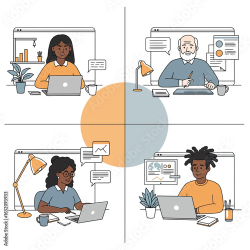 Diverse group of professionals working remotely from home, connecting through online meetings and virtual collaboration, fostering a modern and inclusive work environment.