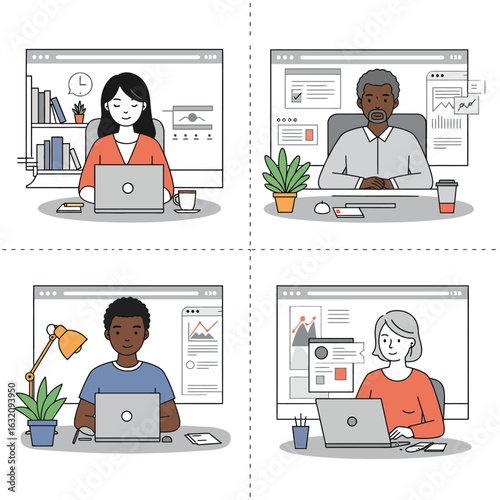 Diverse professionals working remotely from home offices, using laptops and engaging in online activities and data analysis.