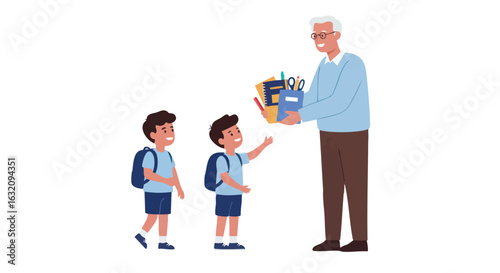 Vector Illustration of Grandfather Giving School Supplies to Two Boys Modern Design