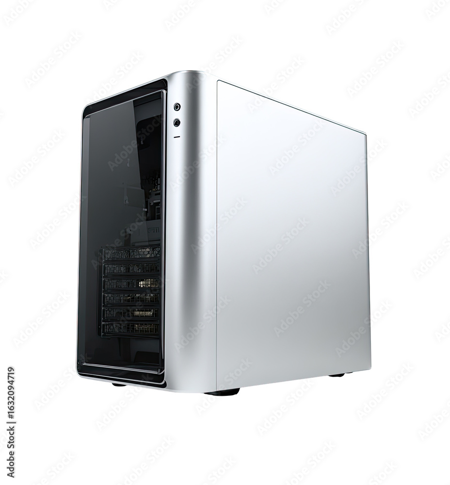 Fototapeta premium Sleek, light gray computer case with a glass panel