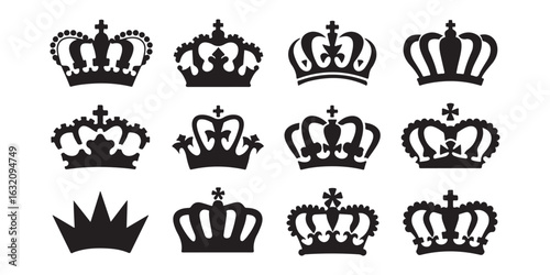 A collection of twelve black crown illustrations in various styles and designs on a white background