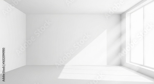 Wallpaper Mural Bright and minimalist empty white room interior, featuring modern architectural design illuminated by natural sunlight casting dramatic diagonal shadows. Torontodigital.ca