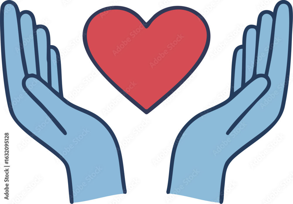 Fototapeta premium Heart in Hands Vector Illustration for Charity Design with Modern Style in Red and Blue