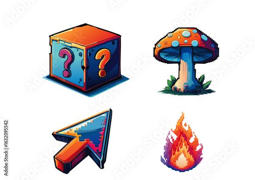 set cartoon game asset include mistery box, mushroom, 8 bit cursors and 8 bit fire vector