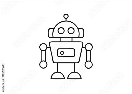 A vintage mechanical automaton rendered in a clean line art style with bold outlines and a distinct retro aesthetic isolated on white background