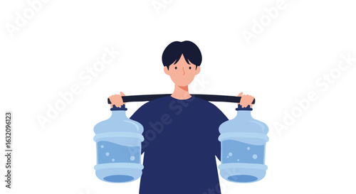 Vector Illustration of a Man Carrying Water Bottles with a Stick in a Modern Cartoon Style
