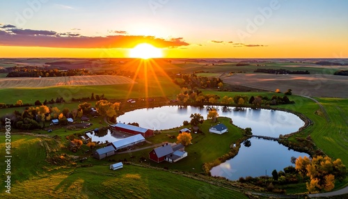 Wallpaper Mural Aerial View of a Farm with a Pond at Sunset: Serene Rural Landscape Torontodigital.ca
