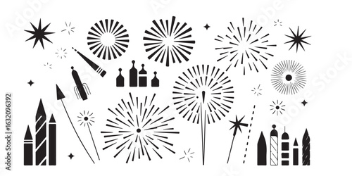 A monochrome vector illustration of fireworks, rockets, sparklers, and other pyrotechnic elements