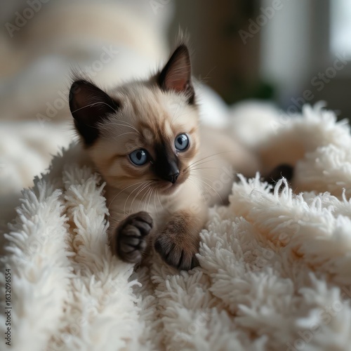 Kitten lying on a fluffy blanket in the house