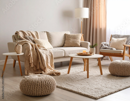 Cozy scandinavian living room with minimalist sofa comfortable home environment for relaxation and style