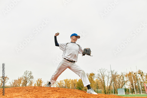 Φωτογραφία Energetic teenage boy pitching a baseball on a crisp autumn day in the field
