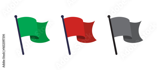 Green, Red and Black Flag Icons – Warning,  Alert and Green light Symbolism Vector Illustration