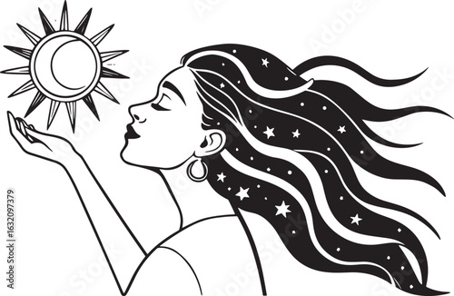 Woman with flowing hair reaching for a sun and moon symbol