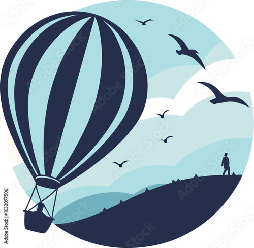 Hot air balloon journey with soaring birds and distant traveler style vector illustration EPS file download

