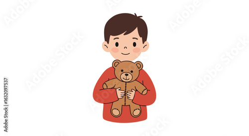 Illustration Vector of Boy Holding Teddy Bear Toy with Warm Tones for Childrens Design in Simple Style