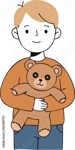 Illustration Vector of a Boy Holding a Teddy Bear Stuffed Animal Cartoon Design with Outline Style