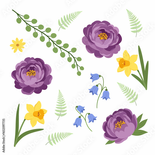 An arrangement of purple peony flowers, yellow daffodils, bluebells, fern fronds, and a green leafy stem on a white background.