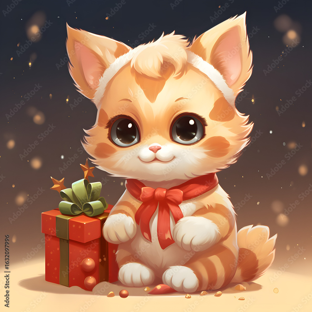 Kawaii Cat with Scarf and Gift – Snowy Holiday Art #15 By - Dedarain Kawaii Cat with Scarf and Gift – Snowy Holiday Art #15 By - Dedarain