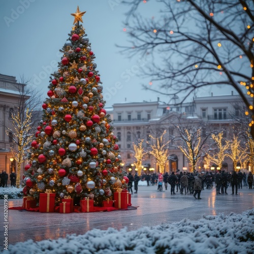 Large decorated fir tree on the city square