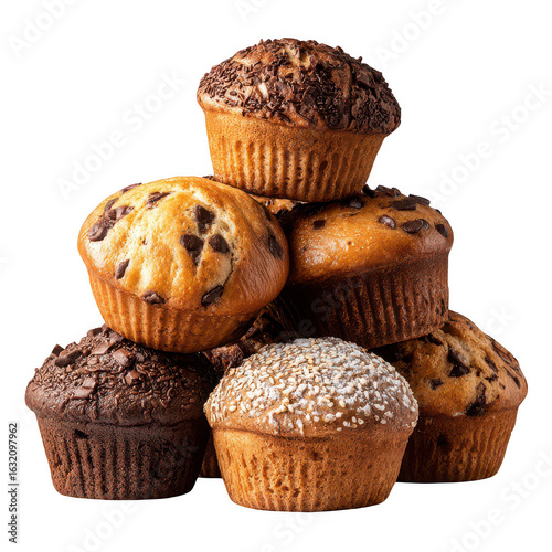 Stack of assorted muffins, various toppings