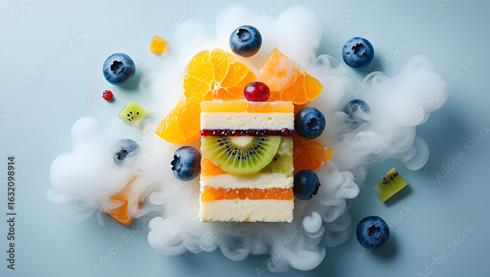 Obraz premium Delicious red kiwi and strawberry dessert with a sweet fountain of fresh fruits and berries, cake model smoke background
