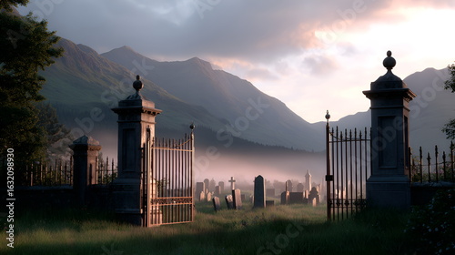 Landscape of a gothic cemetery gate surrounded by mountains at dusk  