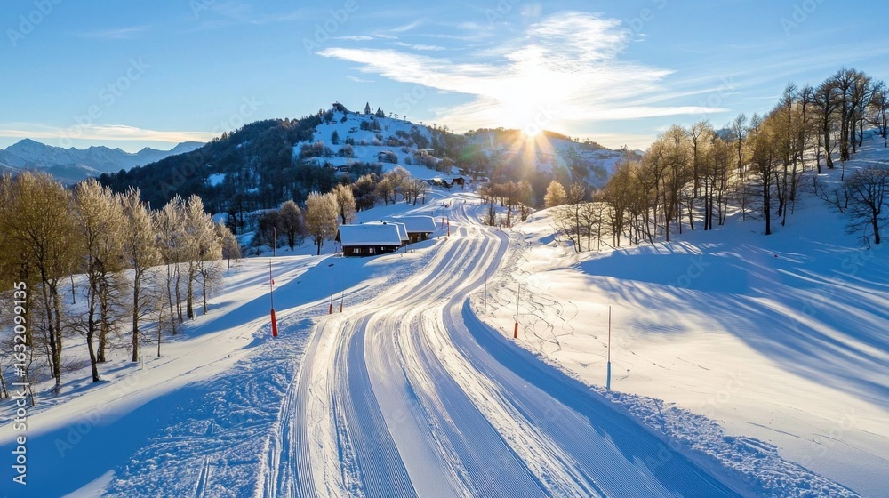 Obraz premium Scenic Winter Landscape with Snow-Covered Trails and Sunrise