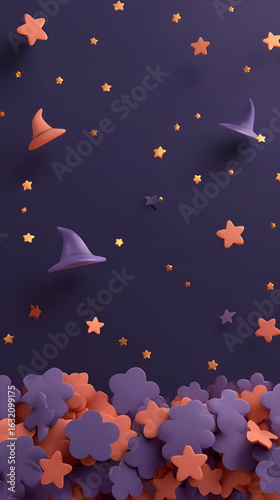 Halloween-themed purple and orange decorations with stars and hats  banner