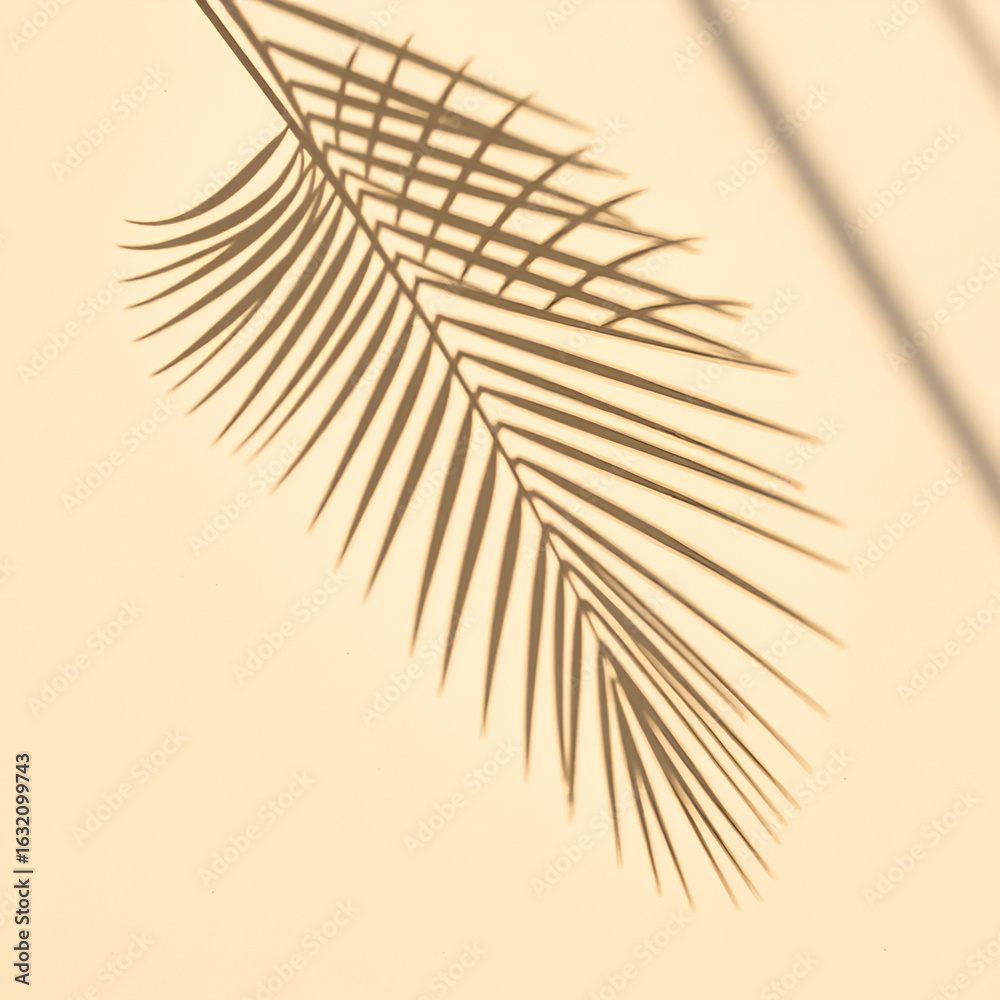 Fototapeta premium top view of tropical palm leaf shadow on sand color background. minimal summer concept. flat lay